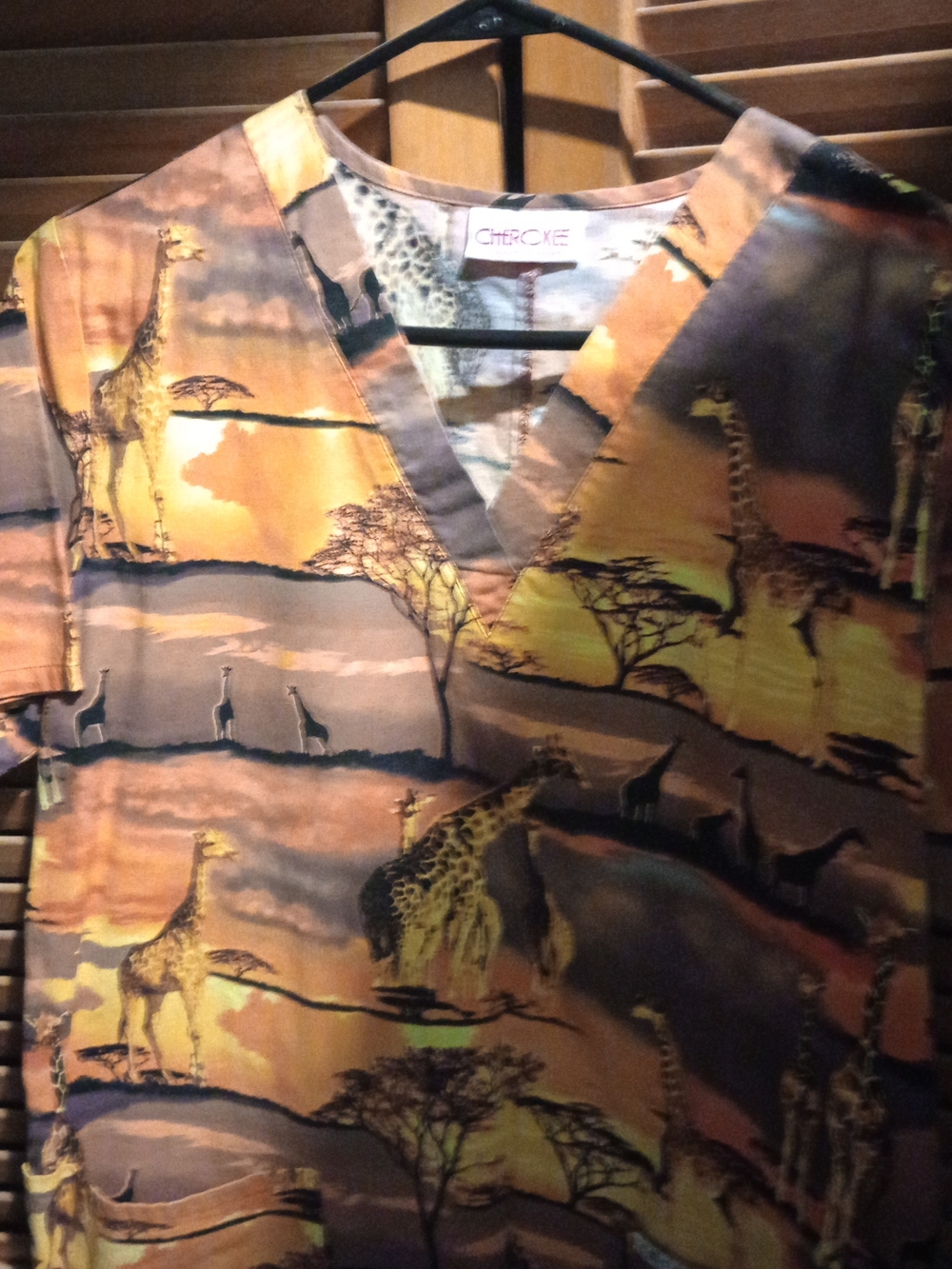 Cherokee Giraffe Print V-Neck Scrub Top - Brown & Gold